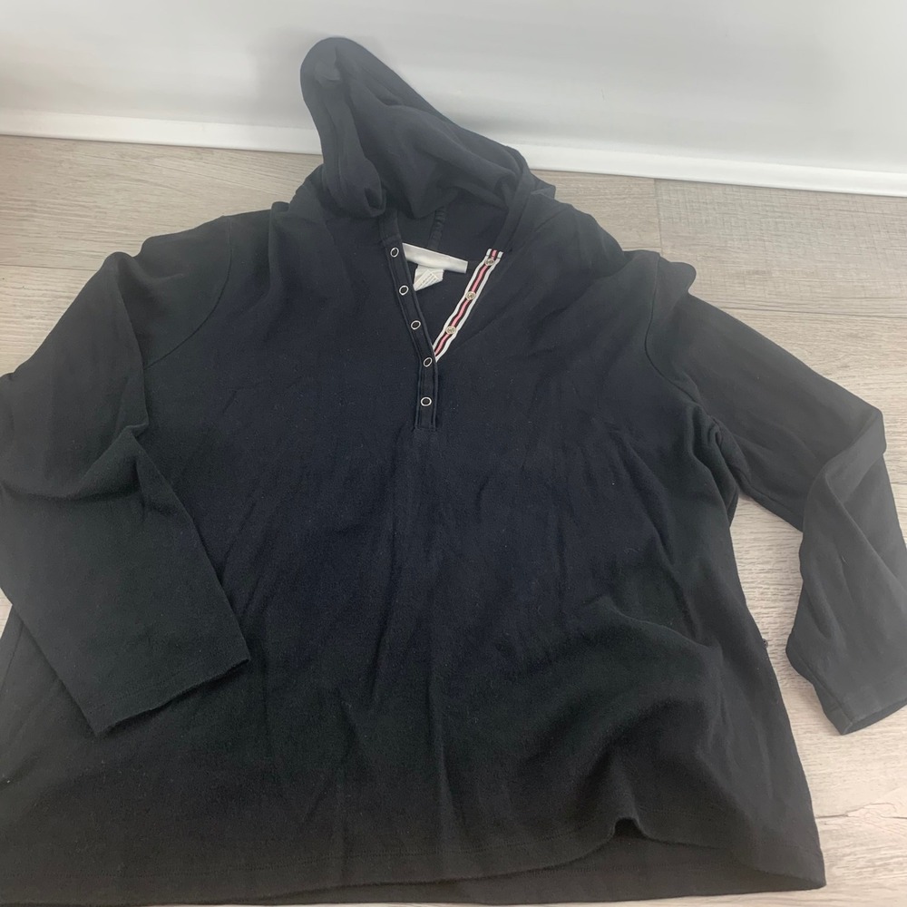 Venezia Sport Womens Black Snap Henley Hooded Top Striped Trim Plus Size 18/20